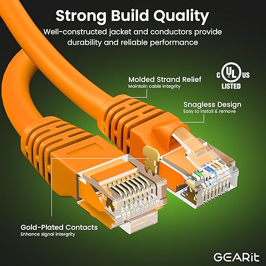 GEARit Cat 6 Ethernet Cable (20-Pack 5 Feet) Cat6 Network Patch, 10Gbps, RJ45, Snagless Cord, Gold-Plated Connectors, Internet for PC, TV, Tablet, Router, Printer, Servers, IT Data Center - Orange