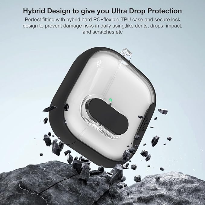for Airpods 4 Case Clear,Secure Lock for Airpods 4th Generation Case Cover with Phone Stand and Magsafe Function,Auto Pop-up,Hybrid Protection Design with Carabiner&Cleaning Pen-Black