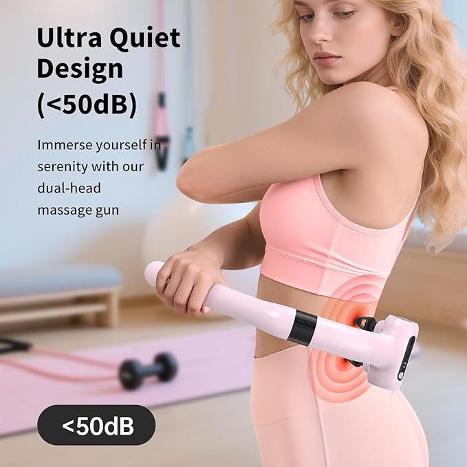 Dual-Head Massage Gun Deep Tissue with Extension Handle, 3-in-1 Detachable Handheld Percussion Back Massager for Muscle Neck Shoulder Body Pain Relief - 6 Speeds Levels (Glossy Pink)
