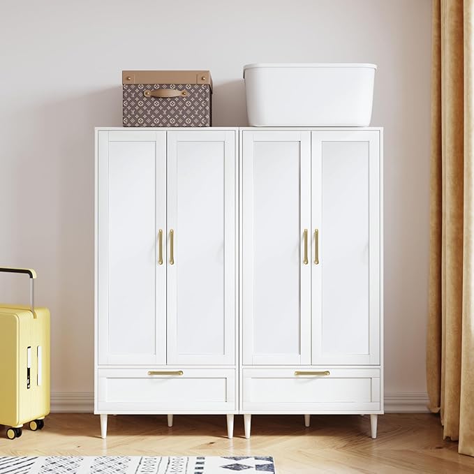 Bedroom Armoire Wardrobe Closet with Hanging Rod,60" 2 Door Almirah for Clothes with Drawers,Morden Storage Cabinet,White