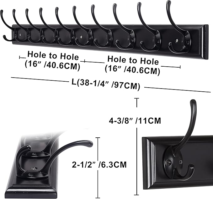 Dseap Coat Rack Wall Mounted: 10-Hooks, 38-1/4" Long, 16" Hole to Hole, Wood Coat Hooks Wall Mounted, Hook Rack, Hook Rail, Hooks for Hanging Coats, Black