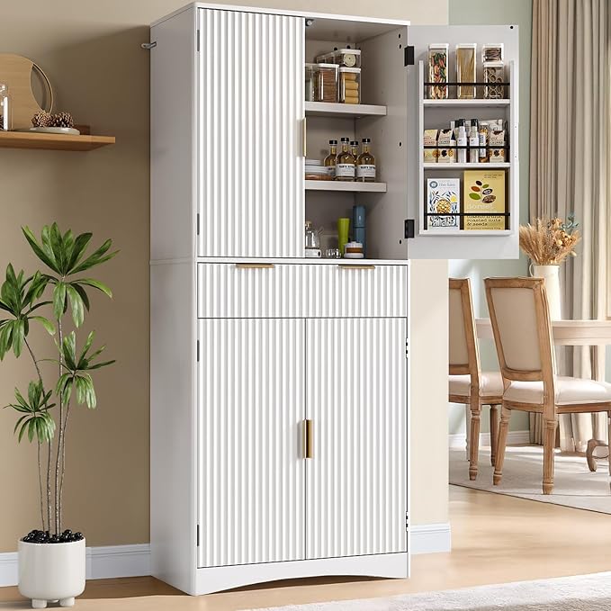 Marsail 72" Tall Kitchen Pantry Cabinet, Spacious Storage Cabinet with a Drawer, 4 Adjustable Shelves, 6 Door Shelves, Anti-Tip Safety, Fluted Cabinet for Kitchen, Dining, and Living Room, Light White