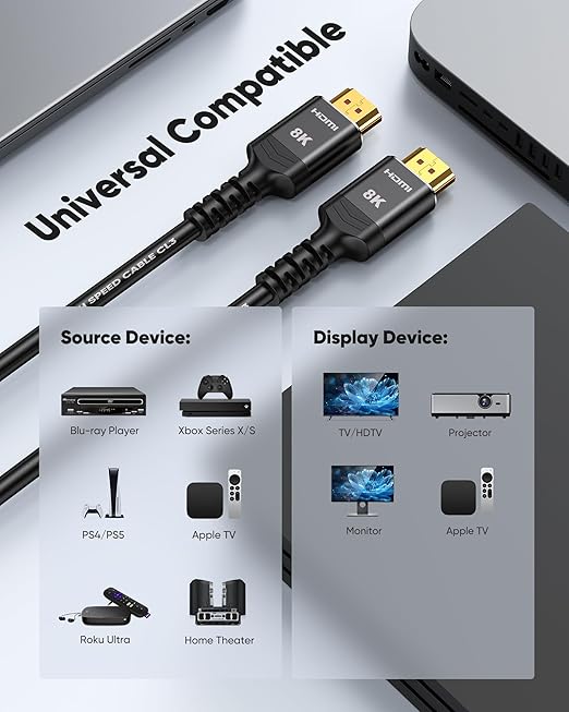 Highwings HDMI Cables 25FT Long, 8K Ultra High Speed HDMI 2.1 Cable [in-Wall CL3 Rated, 48Gbps] 8K@60 4K@120Hz/144Hz, HDMI Cord eARC HDCP 2.2&2.3, Compatible for Xb/X/S/HDTV/RTX 3080 3090 and More
