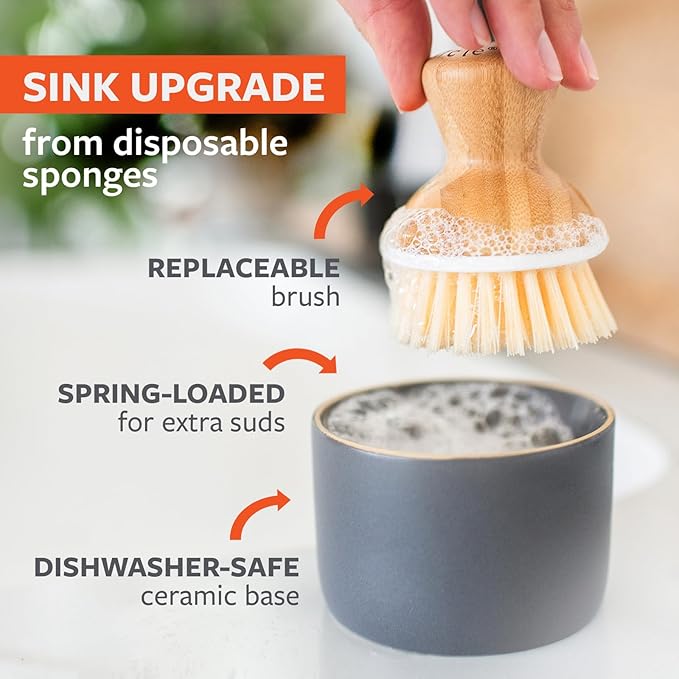 Full Circle Bubble Up Bamboo Dish Brush & Ceramic Soap Dispenser-Family Safe, Formaldehyde-Free-Kitchen Scrub Brush for Dishes, Nonstick & Cast Iron,Gray
