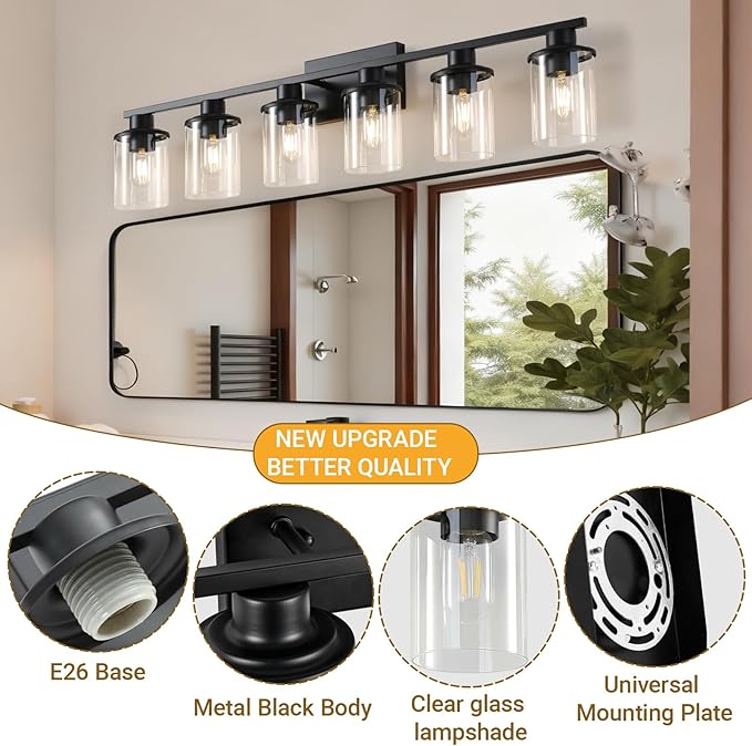 LOUSACE 6 Light Bathroom Vanity Light, 38" Matte Black Vanity Lighting Fixture Over Mirror with Clear Glass Shade, E26 Base