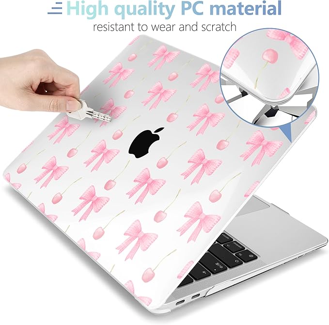 MEEgoodo for MacBook Air 13.3 inch Case 2021 2020 2019 2018 A2337 M1 A2179 A1932, Laptop Shell for MacBook Air M1 with Keyboard Webcam Cover & Trackpad Film & Type C Adapter,Cherry & Pink Bows