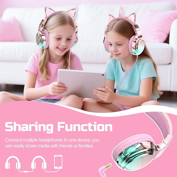 QearFun Kids Cat Ear Headphones Wired with Mic, 85/94dB Safe Volume Limit, Sparkly Wired Headset, Foldable, Sharing Port & Tangle-Free Cord for School, Chromebook, Tablet, Travel, Boys & Girls