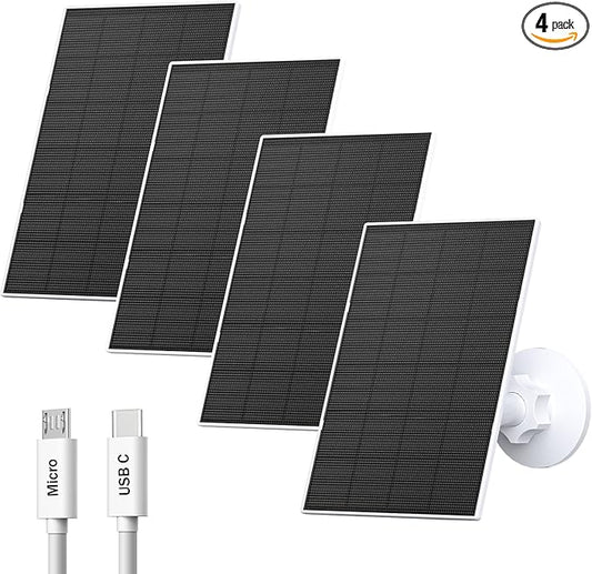 Zivif Solar Panel Charger for Security Cameras, 2W Solar Panel with Micro USB & USB-C Ports for Rechargeable Battery Camera, 360° Adjustable Mount (4 Pack)