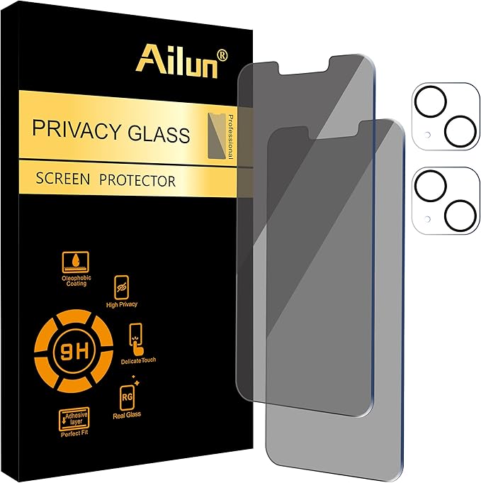 Ailun 2Pack Privacy Screen Protector for iPhone 13 [6.1 inch] + 2 Pack Camera Lens Protector, Anti Spy Private Tempered Glass Film,[9H Hardness] - HD