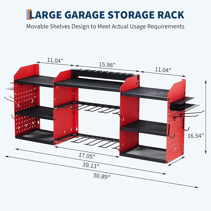 Power Tool Organizer, Drill Holder Wall Mount, Heavy Duty 3-Layer Garage Rack with 8 Outlets, 8 Drill Storage Shelf with Hooks, Battery Storage Rack Charging Station for Tool Shelf