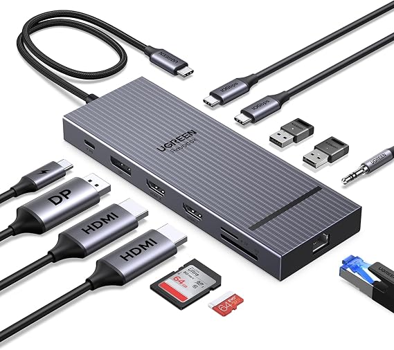 UGREEN USB C Docking Station Triple Monitor 4K, 12-in-1 Dock with 2xHDMI+DP