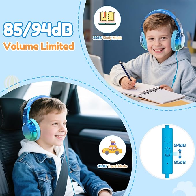 QearFun USB C Kids Headphones Wired with Mic, 85/94dB Safe Volume Limit, Foldable Over Ear, Tangle-Free Cord & Sharing Port, Wired On-Ear Headset for School, Chromebook, Tablet, Travel-Boys & Girls