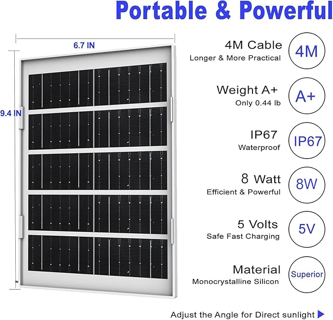8W Solar Panel Charger for Outdoor Security Cameras, with Micro USB/USB-C and DC (35 x 135) Port, Fits Ring/Eufy/Wyze/Bird Feeder Camera, 13ft Cable, Fast Charging (1 Pack)