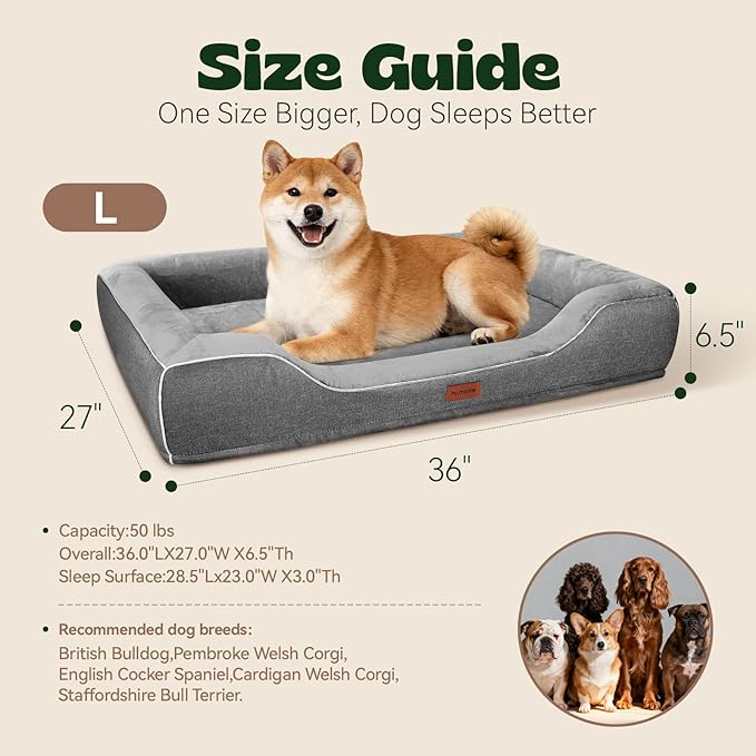 Orthopedic Dog Beds Large Sized Dog with Removable Faux Fur Washable Covers,Waterproof Pet Couch Bed with Cooling Gel Memory Foam and Bolster Side for Big Breed Pets,36" Dark Grey