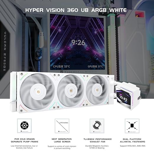 Hyper Vision 360 UB ARGB White 360mm AIO CPU Liquid Cooler with 3.95" IPS LCD Screen, TL-UB36 ARGB Fans, 27 dBA Quiet Cooling for Intel LGA1851/1700 & AMD AM5/AM4