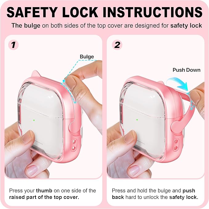 RFUNGUANGO AirPods Pro Case for Women Girly Cat Case with Lock, Phone Stand, Keychain & Cleaner Kit, Compatible with Apple Airpods Pro 2nd/1st Generation Case Cover, Transparent Pink