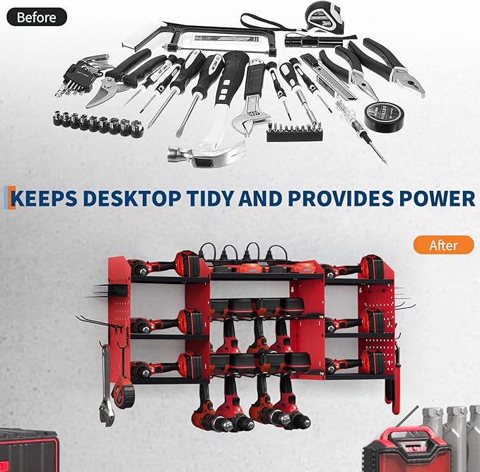 Power Tool Organizer, Drill Holder Wall Mount, Heavy Duty 3-Layer Garage Rack with 8 Outlets, 8 Drill Storage Shelf with Hooks, Battery Storage Rack Charging Station for Tool Shelf