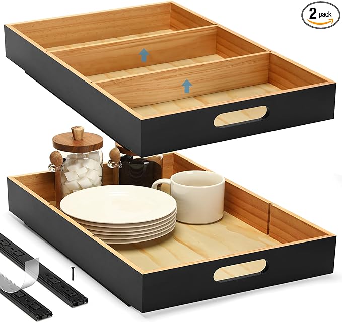 2 PCS Wood Pull Out Cabinet Organizers with Removable Dividers, 14''W x 21''D Nail-free Wood Sliding Drawers with Adhesive Tape, Roll Out Shelves for Kitchen, Pantry, Office (Black)