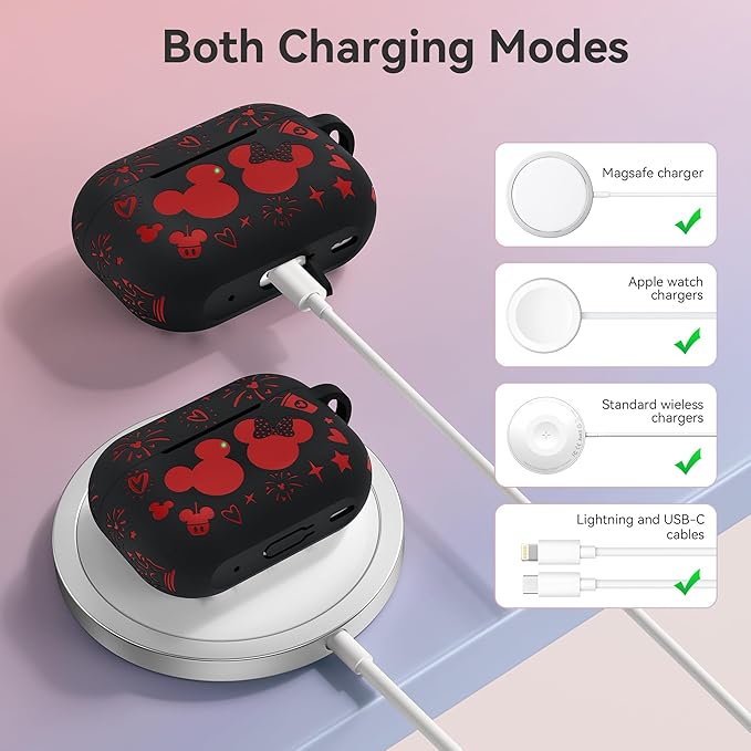 Compatible with Airpods Pro 2nd/1st Generation Case Cover with Keychain, Women Men Soft Silicone Two-Tone Cute Cartoon Engraved Convenience Protective Case, Front LED Visible Black/Red