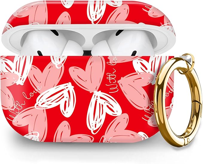 Cute Hard Case Compatible with AirPods Pro 2nd/1st Generation, Protective Cover with Golden Keychain, Fits 2023/2022/2019 Models, for Women, Girls, and Men(Red Heart)