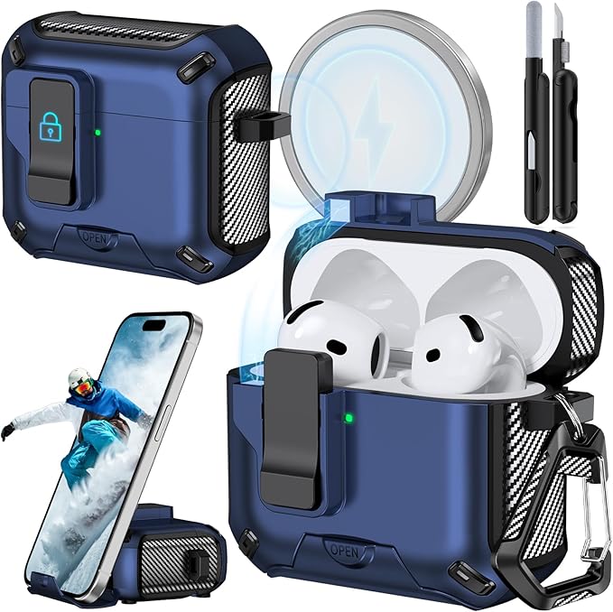 for AirPods 4 Case (2024) with Phone Stand,（with Automatic Snap Switch） Carbon Fiber Design Protection Cover with Cleaning Pen,Blue