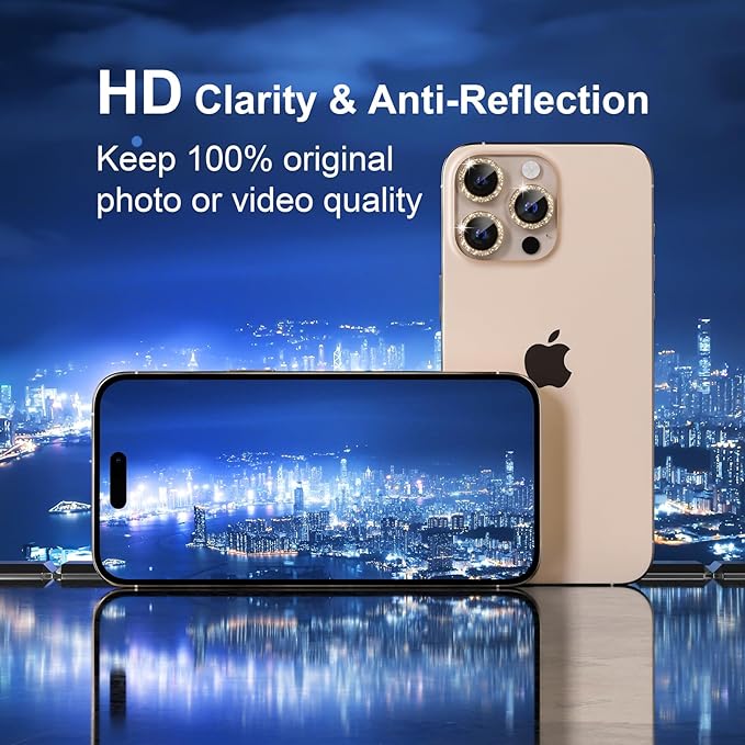 Misea Compatible for iPhone 16 Pro/iPhone 16 Pro Max Camera Lens Protector Bling, 9H Tempered Glass Camera Cover Screen Protector Metal Individual Ring Protector Decoration Accessories, Gold Glitter
