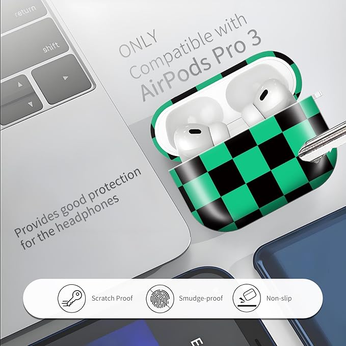 Compatible with AirPods Pro 3rd Generation 2025 Case Cover with Gold Keychain - Cute Protective Hard AirPod Pro 3 Cases for Women - Green Black Checkered