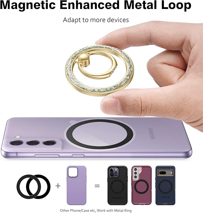 Allengel Magnetic Phone Grip for MagSafe, Magnetic Ring Holder Compatible with MagSafe Phone Ring, 360°Rotating Finger Kickstand for iPhone 16 Pro Max 15 14 13 12 Plus & Android(Gold Bling Silver)