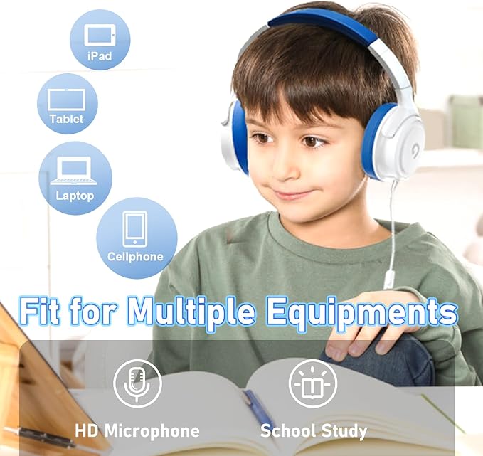 Kids Headphones with Cord-3.5mm Jack 85/94dB Safe Volume Control Built-in Microphone On-Ear Headphones for Kids/Teens/School/Travel/3.5mm Devices(White)