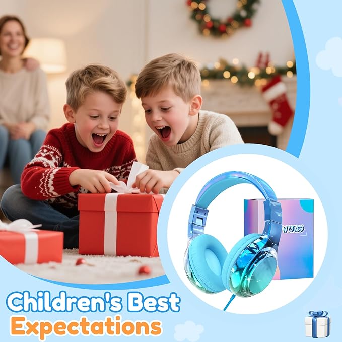 QearFun USB C Kids Headphones Wired with Mic, 85/94dB Safe Volume Limit, Foldable Over Ear, Tangle-Free Cord & Sharing Port, Wired On-Ear Headset for School, Chromebook, Tablet, Travel-Boys & Girls