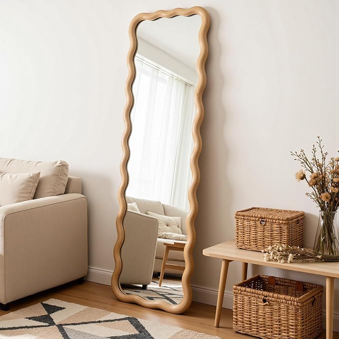 20"x63" Long Irregular Wavy Full Length Wall Mirror, Large Wood Framed Full Body Floor Mirror Leaning Against Wall for Dressing Bedroom Living Room Cloakroom Horizontal or Vertical Hanging Nature