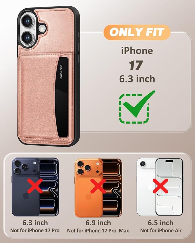 for iPhone 17 Case with Wallet - Fits 4 Card Slots, Compatible with MagSafe for Women Aesthetic Durable PU Leather Credit Card Holder Kickstand Phone Cover for Apple 17, Rose Gold