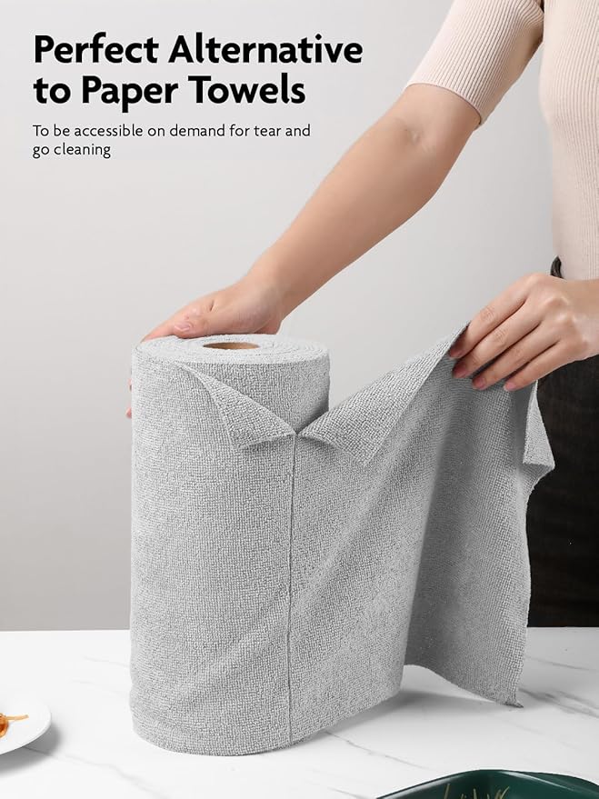 Fantasticlean Microfiber Cleaning Cloth Roll -40 Pack, Tear Away Microfiber Towels, 12" x 12", Reusable, Washable, Scratch Free, Ultra Absorbent Dishcloth for Car, Home Supplies, Pet, Kitchen (Grey)