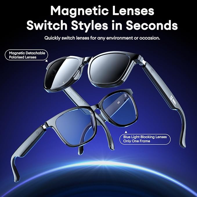 Smart Glasses with Magnetic Detachable Polarised Lenses, Bluetooth 6.0 Sunglasses, Polarized UV Protection, Stylish Bluetooth Glasses for Men & Women, Outdoor Travel Beach City Life, MG-C08 Black