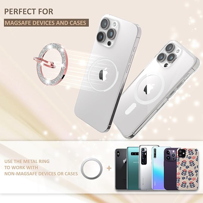 Magnetic Phone Ring Holder for MagSafe Cell Phone Grip Stand Finger Ring Stand Compatible with iPhone 17 16 15 14 13 12 Pro Max MagSafe Accessories Android. (Glitter Rose Gold)