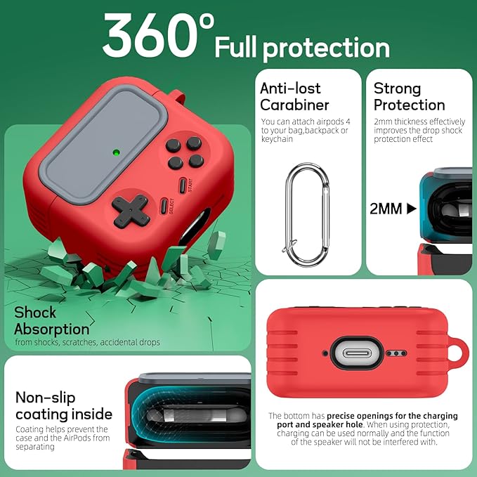 Inesore for Airpods 4 Case with Lock,Compatible with Airpods 4 with Active Noise Cancellation Cases,Classic Cool Funny Game Console Air pods4 Case Cover for Men Boy with Cleaner Kit(Red)