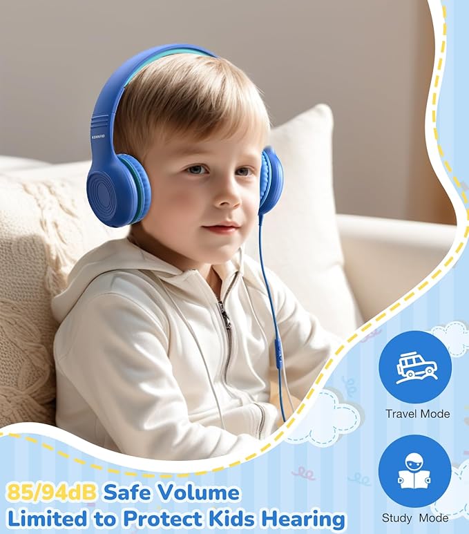 Upgrade USB Type C Kids Headphones, Wired Headphones for Kids with Microphone for Boys Girls, Adjustable 85dB/94dB Volume Limited (Navy/Blue)