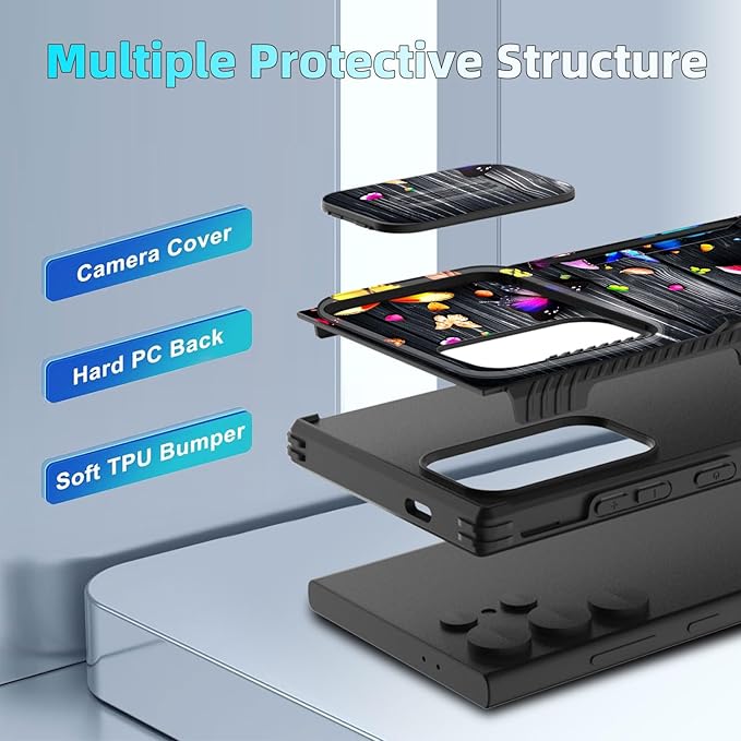 for Galaxy S25 Ultra Case Built in Slide Camera Lens Cover,Heavy Duty Shockproof Protection Dual Layer Case for Samsung Galaxy S25 Ultra 6.9" 2025,Colorful Butterflies on Wooden