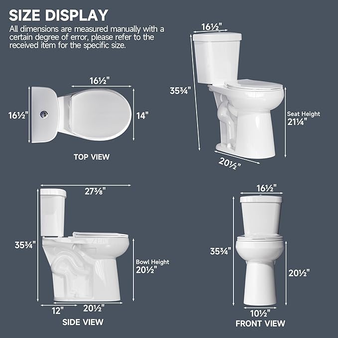 Compact Extra Tall Toilet 21 Inch for Seniors 1.1/1.6 GPF Tornado Dual Flush - Two Piece Comfort High Toilet for Bathroom, 20.5 Inch Bowl Height, 21.25 Inch Seat Height, 12" Rough In, White