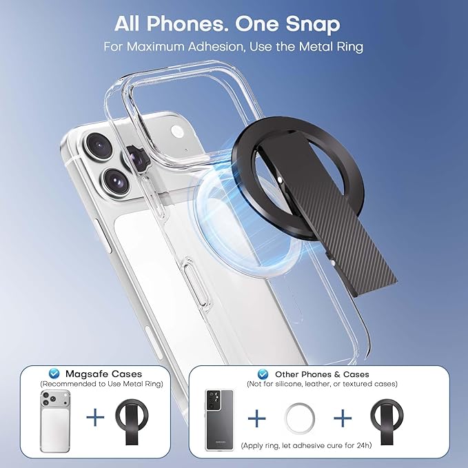 for MagSafe Phone Grip, Magnetic Phone Grip with Silicone Finger Strap & Dual-axis Adjustable Kickstand, Magnetic Phone Stand Ring Holder for Mag Safe iPhone 17/16/15/14/13/12 Series, Black