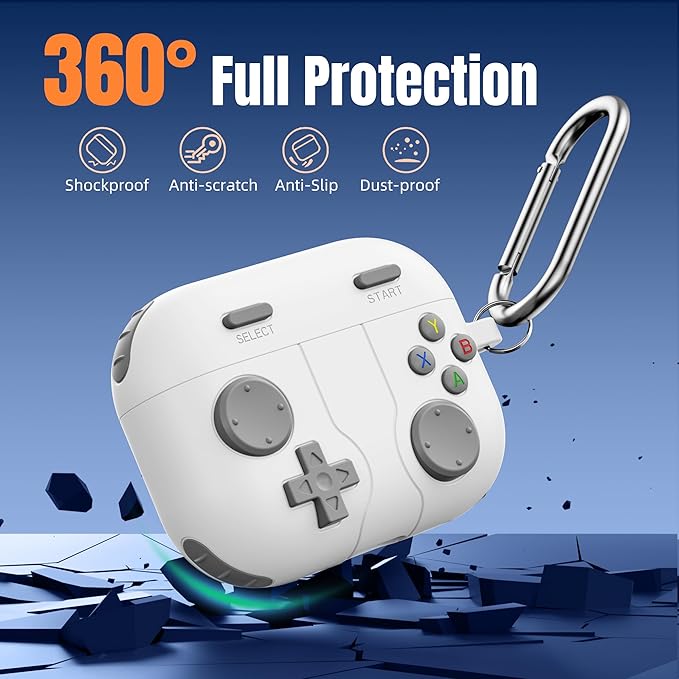 Getino Game Case for AirPods Pro 3 Case 2025, Shockproof Silicone Cover for Apple AirPods Pro 3 – with Cleaner Kit & Keychain, Classic Cool Funny Durable Protective Case for Men Boy–White