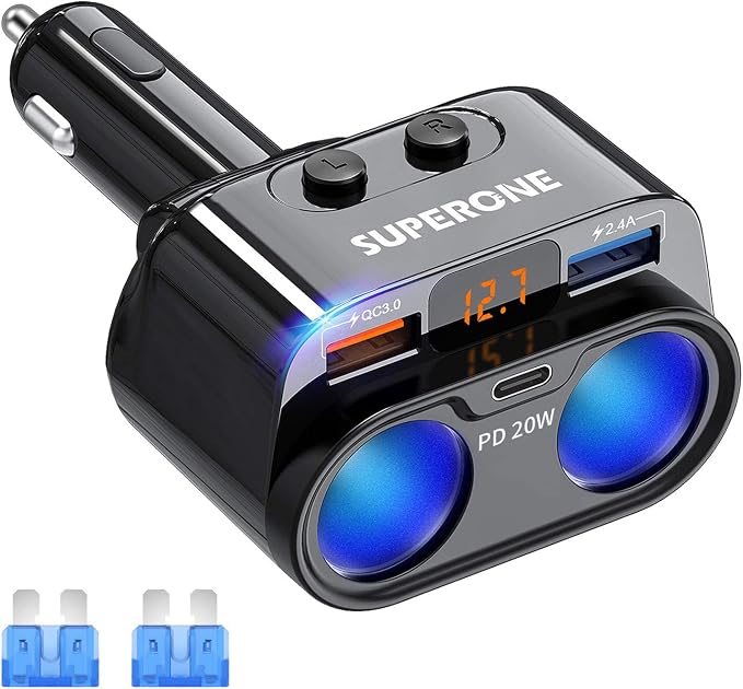 SUPERONE 200W 2-Socket Cigarette Lighter Splitter Power Adapter, 20W PD/QC