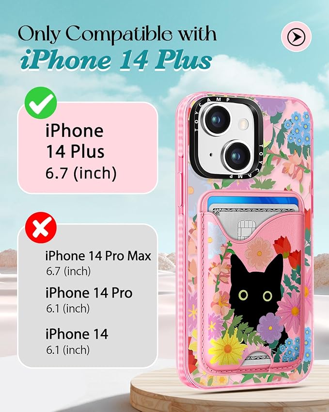 Toycamp for iPhone 14 Plus Case - Compatible with Magsafe Credit Card Holder Wallet Magnetic Cute Women Teen Girls Kawaii Girly Unique Cat Flower Design Phone Cover for iPhone 14 Plus