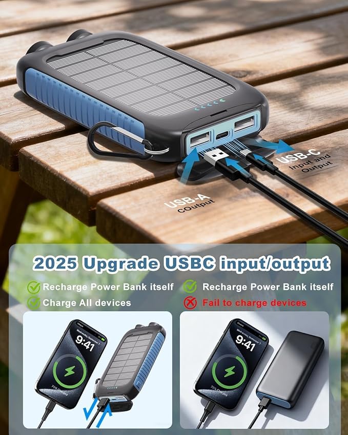 Solar Power Bank Portable Charger 15W Fast Charging with USB-A and USB-C Ports Battery Bank Compatible with iPhone, Samsung, Waterproof, Emergency LED Flashlights for Camping, Hiking, Blue