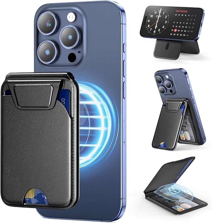 Upgraded Mag-Safe Wallet with Flap, 5 Card Holder, Magnetic Phone Wallet with Adjustable Stand, Slim for iPhone 17/16/15/14/13/12 Series, RFID Blocking, Leather - Black, Not for 13/12 Mini