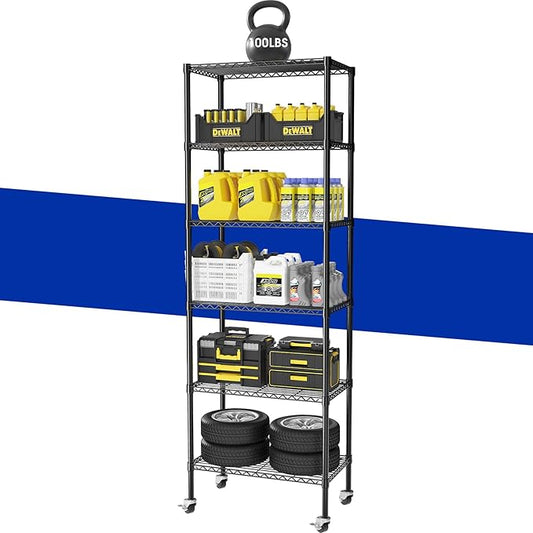 Adjustable 6-Tier Heavy Duty Wire Shelving Rack, 14" D x 24" W x 71" H Storage Shelves with Wheels, 750 lbs Capacity Rolling Metal Shelving for Garage, Pantry, Kitchen, Closet