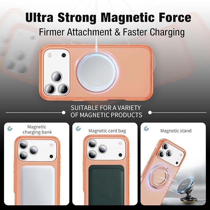 for iPhone 17 Pro Case [Compatible with Magsafe] [15 FT Military Grade Drop Protection] with Screen Protector & Lens Protector,Shockproof Kickstand Phone Case for iPhone 17 Pro (Orange)