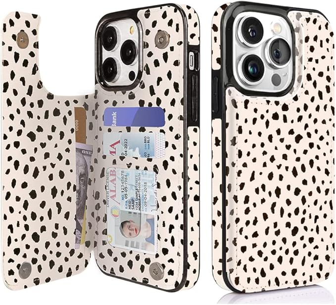 uCOLOR Compatible with iPhone 14 Pro 6.1 Inch Wallet Case with Card Holder Folio Flip PU Leather Kickstand Card Slots Case Double Magnetic Clasp and RFID Blocking Cover (Almond Latte Polka Dot)
