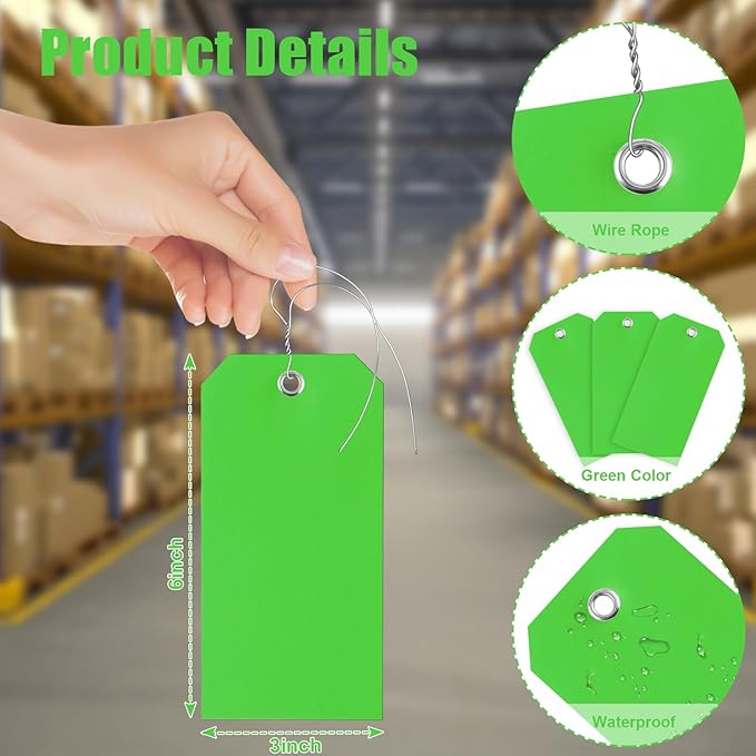 100 Pieces 3x6 inch Large Plastic Shipping Tags with String Heavy Duty Waterproof Hang Tags with String Attached Writable Wire Tags Labels for Luggage Garage Inventory Car Parts (Green)