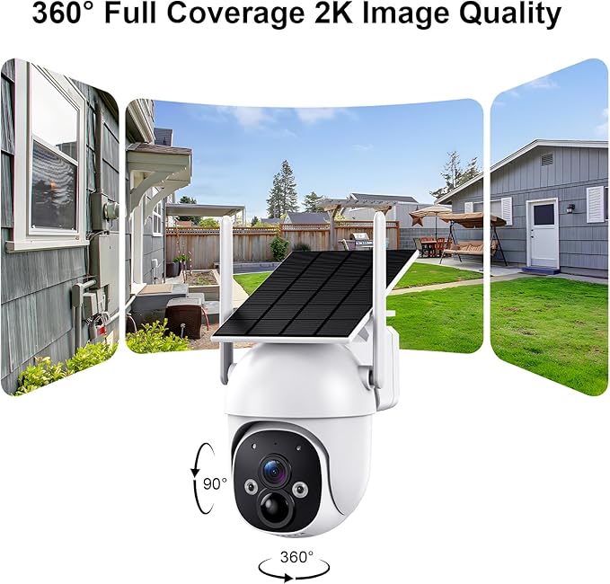 2K Solar Security Cameras Wireless Outdoor, 360° View WiFi Cameras for Home Security with PIR Detection, 2-Way Audio, IP65 Waterproof Spotlight Siren Alarm, SD/Cloud Storage Only 2.4Ghz WiFi